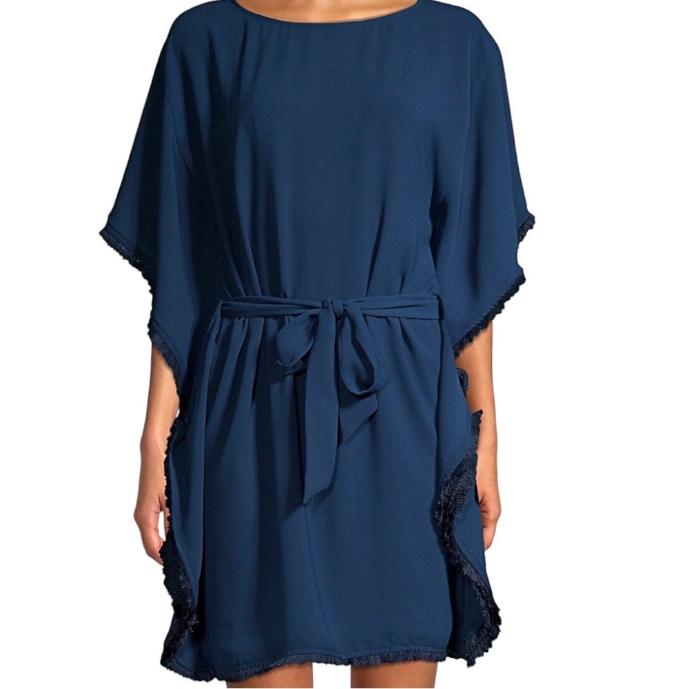 Trina Turk NWT Ray Navy Blue Wrap Around Belt Fringed Caftan Designer Dress XS